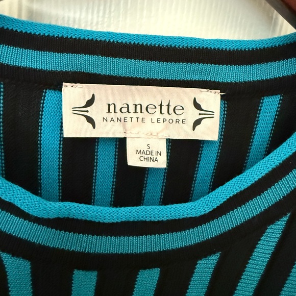 Nanette Lepore Teal & Black Vertical Stripes Mid Century Mod Cocktail Knit Dress - Picture 3 of 10